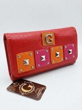**Red Leather Continental Wallet with Pink and Orange Stud Panels